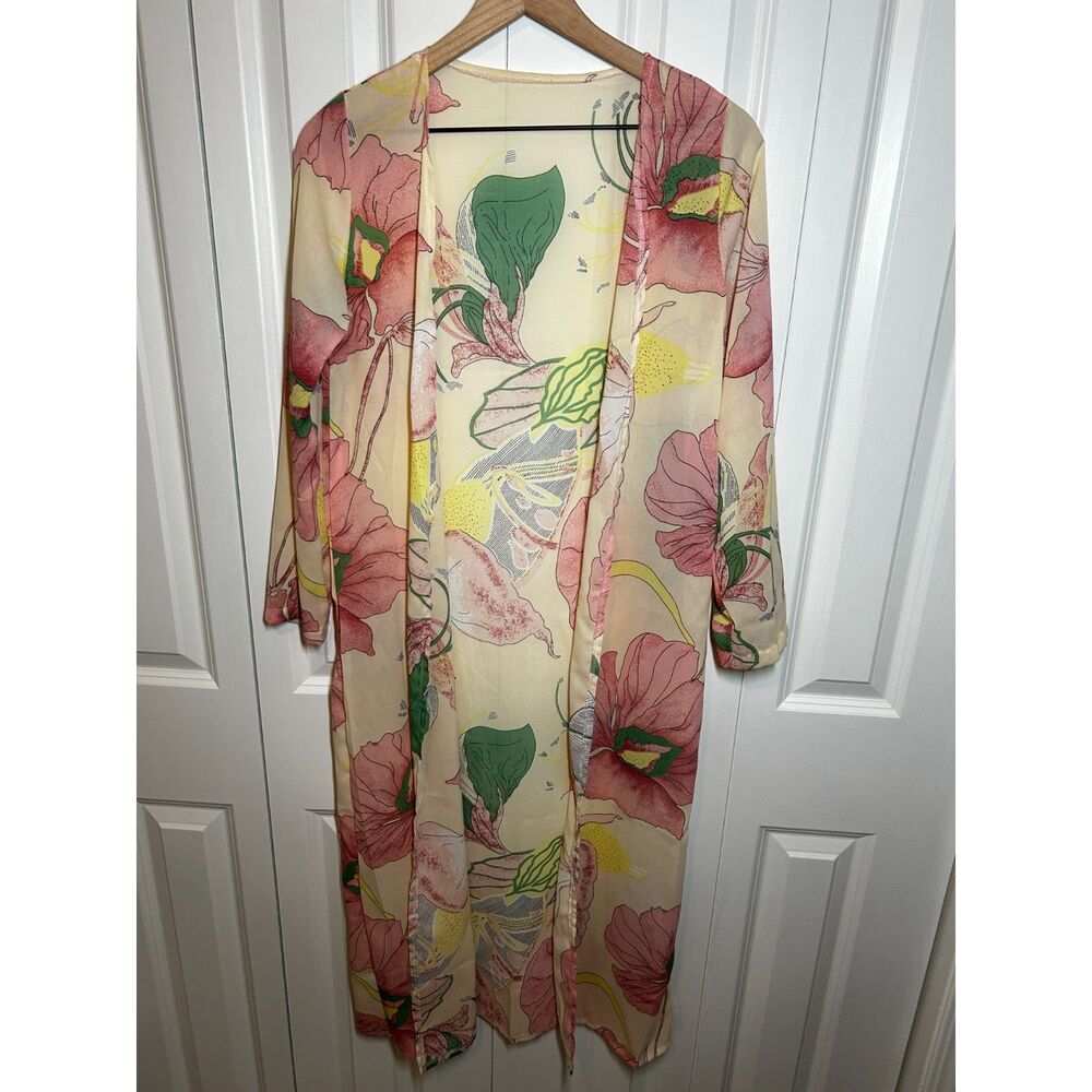 Vintage Boho Sheer Floral Kimono Duster Cardigan Long Open Front Size S